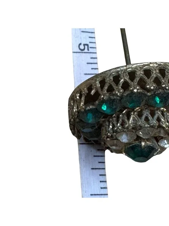 Vintage Gold-Tone Hat Pin Emerald Green & Clear Rhinestones Filigree Flower READ - Picture 6 of 10